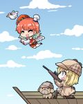  2girls backwards_hat baseball_cap bird blonde_hair blue_eyes brown_headwear bubba_(watson_amelia) chef_hat chibi cloud cloudy_sky colonel_aki duck earrings feather_earrings feathers flying gradient_hair gun hair_ornament hat hololive hololive_english jewelry monocle monocle_hair_ornament multicolored_hair multiple_girls orange_hair orange_headwear sky subaru_duck takanashi_kiara virtual_youtuber watson_amelia weapon wings 