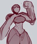  abs armor athletic athletic_female bodily_fluids breastplate clothing crop_top exoskeleton featureless_face female headgear helmet humanoid loader_(risk_of_rain) midriff monochrome muscular raised_arm risk_of_rain shirt simple_background sketch solo sweat tfzn topwear 