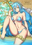  1girl azura_(fire_emblem) barefoot bikini bikini_bottom bikini_top blue_hair breasts cleavage fire_emblem hair_between_eyes hairband holding holding_lance holding_polearm holding_weapon jewelry lance long_hair looking_at_viewer navel polearm redjet smile solo swimsuit very_long_hair weapon yellow_eyes 