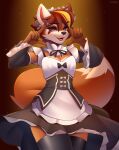  2021 absurd_res anthro blue_eyes bottomwear canid canine clothed clothing dipstick_tail fox fur hi_res light lighting luryry maid_uniform mammal multicolored_tail open_mouth open_smile orange_body orange_fur portrait shaded skirt smile solo three-quarter_portrait uniform white_body white_fur 