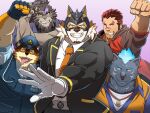  akashi_(live-a-hero) anthro barrel_(live-a-hero) canid canine canis clothing felid fingerless_gloves firefighter_uniform furlong_(live-a-hero) gloves grausummon group handwear human hyaenid lion live-a-hero male mammal mask pantherine police_uniform ryekie_(live-a-hero) suit superhero tiger toshu uniform wolf 