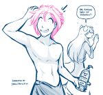  2021 anthro canid canine canis clothed clothing conditional_dnp database_error_(twokinds) dialogue duo english_text hair hi_res holding_object human keidran mammal monochrome navel open_mouth pink_hair raine_silverlock restricted_palette shampoo sketch solo_focus surprise text tom_fischbach topless topless_male towel towel_only twokinds webcomic wolf 