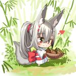  1girl animal_ear_fluff animal_ears bamboo bamboo_shoot bangs barefoot basket bow chibi closed_mouth commentary_request day eyebrows_visible_through_hair fox_ears fox_girl fox_tail from_side grey_hair hair_between_eyes heart highres holding holding_basket japanese_clothes kimono long_sleeves obi original outdoors ponytail red_bow red_eyes sash smile solo tail walking white_kimono wide_sleeves yuuji_(yukimimi) 