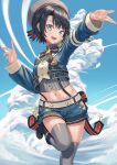  1girl :d absurdres beret black_hair blue_eyes blue_sky bow bowtie cloud cloudy_sky grey_legwear hair_ornament hat highres hip_vent hololive long_sleeves looking_at_viewer midriff navel oozora_subaru open_mouth short_hair shorts sky smile solo standing standing_on_one_leg suspender_shorts suspenders thighhighs yorishiem 
