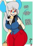  2018 anthro big_breasts big_butt blush bodily_fluids bottomwear breasts butt cleavage clothed clothing curvy_figure dialogue digital_media_(artwork) dress_shirt english_text female fur grey_hair hair hi_res hourglass_figure huge_breasts huge_butt inkit89 jewelry lilly_(inkit89) mammal mouse murid murine necklace pants purse red_eyes rodent shirt simple_background smile solo sweat teeth text thick_thighs tongue tongue_out topwear voluptuous white_body white_fur wide_hips 
