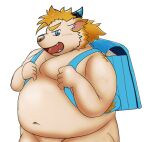  2021 anthro babe_bunyan backpack belly blue_eyes bovid bovine cattle horn humanoid_hands kemono male mammal navel overweight overweight_male panthera7uncia simple_background solo tokyo_afterschool_summoners video_games white_background 
