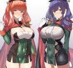  2girls aiguillette azur_lane bangs beret black_cape black_headwear blush bra bra_through_clothes breasts cape center_frills cleavage closed_mouth commentary_request covered_navel cowboy_shot dress epaulettes eyebrows_visible_through_hair framed_breasts frills gloves green_dress hand_up hat highres italian_flag lace-trimmed_bra lace_trim large_breasts long_hair long_sleeves looking_at_viewer microdress morino_(harpoomoss) multiple_girls nose_blush parted_lips pola_(azur_lane) purple_hair red_cape red_eyes red_hair sidelocks simple_background skindentation smile standing taut_clothes taut_dress thigh_gap twintails two-tone_cape two-tone_dress underwear white_background white_gloves yellow_eyes zara_(azur_lane) 