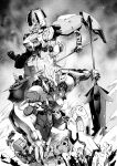  absurdres axe commission damaged extra_arms graze_(mobile_suit) greyscale gundam gundam_barbatos gundam_barbatos_lupus_rex gundam_gusion_rebake gundam_tekketsu_no_orphans highres holding holding_axe holding_weapon kneeling mace mecha mobile_suit monochrome no_humans one-eyed open_hand saitoteki_saku science_fiction skeb_commission v-fin weapon 