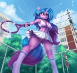  2021 absurd_res anthro bottomwear clothing cloud cutie_mark detailed_background digital_media_(artwork) equid equine eyebrows female fingers hasbro hi_res holding_object horn izzy_moonbow_(mlp) low-angle_view mammal mlp_g5 my_little_pony outside pony-way skirt smile solo tennis_racket unicorn 