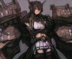  1girl absurdres bangs black_gloves black_hair breasts cape closed_mouth crossed_arms gloves grey_background hair_between_eyes headgear highres huge_filesize kantai_collection long_hair medium_breasts moor nagato_(kancolle) navel pleated_skirt red_eyes remodel_(kantai_collection) rigging simple_background skirt solo thighhighs white_skirt 