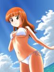  1girl bangs bikini blue_sky blunt_bangs blush breasts closed_mouth cloud cloudy_sky commentary_request cowboy_shot doutanuki dutch_angle eyebrows_visible_through_hair girls_und_panzer hand_on_own_chest highres horizon light_smile long_hair looking_at_viewer medium_breasts navel ocean orange_eyes orange_hair outdoors partial_commentary side-tie_bikini sky solo standing string_bikini sweatdrop swimsuit takebe_saori wading white_bikini 