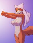  2021 anthro areola big_breasts breasts brown_nose canid canine conditional_dnp digital_media_(artwork) disney female fox fur genitals headdress headdress_only headgear headgear_only hi_res kadath looking_at_viewer maid_marian mammal multicolored_body multicolored_fur navel nipples orange_body orange_eyes orange_fur pubes pussy robin_hood_(disney) signature simple_background smile smiling_at_viewer solo stretching tan_body tan_fur two_tone_body two_tone_fur 