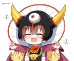  +++ 1girl :d arms_up blush_stickers brown_hair cape claw_pose closed_eyes cosplay dragon_quest dragon_quest_iii eyebrows_visible_through_hair fangs hair_between_eyes helmet hololive horned_helmet hoso-inu inugami_korone jewelry kukie-nyan long_sleeves necklace open_mouth shirt short_hair simple_background smile solo twitter_username upper_body white_background wristband yellow_shirt zoma zoma_(cosplay) 