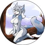  2021 anthro breasts brown_eyes day detailed_background digital_media_(artwork) domestic_cat featureless_breasts feet felid feline felis female fingers fur grey_body grey_fur hi_res infinitedge2u kelly_(ruribec) mammal nude outside sky smile somali_cat toes white_body white_fur 