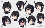  1girl angry artist_logo beige_background black_hair blush brown_eyes clenched_teeth copyright_name crying expressions face highres horns multiple_views original short_hair single_horn smile teeth wox 