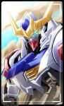  aki.10_01 black_border blue_eyes border glowing glowing_eye gundam gundam_barbatos gundam_barbatos_lupus gundam_tekketsu_no_orphans mecha mobile_suit no_humans piston science_fiction sky solo upper_body v-fin 