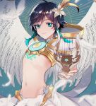  1boy angel_wings ari_(bleum) blue_hair braid feathered_wings feathers flower genshin_impact green_eyes green_hair hair_flower hair_ornament harp highres instrument midriff multicolored_hair navel otoko_no_ko short_shorts shorts smile stomach twin_braids two-tone_hair venti_(genshin_impact) wings 