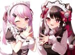  2girls :d ;) alternate_costume animal_ear_fluff animal_ears bangs bell black_dress black_hair blush bow breasts cat_ears cat_girl cat_tail closed_mouth collared_shirt commentary_request double_bun dress enmaided eyebrows_visible_through_hair grey_hair hair_bell hair_bow hair_ornament hair_ribbon hairclip hands_up jingle_bell long_hair long_sleeves looking_at_viewer maid maid_headdress medium_breasts multicolored_hair multiple_girls nijisanji one_eye_closed open_mouth pink_hair puffy_short_sleeves puffy_sleeves purple_eyes red_bow red_eyes red_hair red_ribbon ribbon shiina_yuika shirt short_sleeves simple_background sleeveless sleeveless_dress sleeves_past_wrists smile steepled_fingers streaked_hair tail tail_bell tail_bow tail_ornament tail_raised tail_ribbon twintails two-tone_hair upper_body virtual_youtuber white_background white_shirt wrist_cuffs yamabukiiro yorumi_rena 