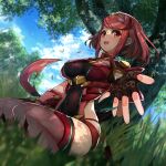  bangs black_gloves breasts chest_jewel earrings fingerless_gloves gloves highres jewelry large_breasts nakazou2000 pyra_(xenoblade) red_eyes red_hair red_legwear red_shorts short_hair short_shorts shorts swept_bangs thighhighs tiara xenoblade_chronicles_(series) xenoblade_chronicles_2 