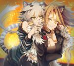 3_(sanyako1) absurdres animal_ears arknights choker highres huge_filesize indra_(arknights) jewelry jpeg_artifacts lion_ears lion_girl lion_tail looking_at_another looking_to_the_side medium_hair necklace ring siege_(arknights) tail tiger_ears tiger_tail white_hair yellow_eyes 