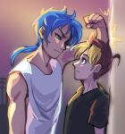  2boys against_wall aqua_eyes arm_up backlighting bangs bare_shoulders black_shirt blonde_hair blue-haired_boy_(how_to_draw_manga) blue_eyes blue_hair brown_hair clenched_hand closed_mouth commentary dutch_angle english_commentary eye_contact eyebrows_visible_through_hair from_side hair_tie half-closed_eyes height_difference highres how_to_draw_manga jpeg_artifacts long_hair looking_at_another looking_down looking_up male_focus multiple_boys nervous ponytail profile shirt short_hair short_sleeves sidelocks sleeveless sleeveless_shirt standing sweat tied_hair toripng two-tone-haired_boy_(how_to_draw_manga) white_shirt yaoi 