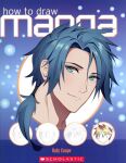  2boys bangs blue-haired_boy_(how_to_draw_manga) blue_background blue_eyes blue_hair blue_theme blush closed_mouth commentary cover cover_page english_commentary english_text face forehead hair_intakes hair_tie happy highres how_to_draw_manga light_blush long_hair looking_at_viewer male_focus mell_(snowmellon) multiple_boys ponytail shiny shiny_hair sidelocks smile solo_focus tied_hair two-tone-haired_boy_(how_to_draw_manga) 