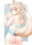  1girl akasaka_asa animal_ear_fluff animal_ears ass bare_arms bare_shoulders blonde_hair blue_background blue_bow blue_eyes blue_legwear blue_nails blush border bow breasts closed_mouth commentary_request commission cowboy_shot from_behind hair_bow highres long_hair looking_at_viewer looking_back medium_breasts moon nail_polish naked_ribbon original outside_border ponytail ribbon sideboob single_thighhigh skeb_commission solo tail thighhighs white_border yellow_eyes 