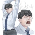  1boy arms_up belt black_eyes black_hair blue_neckwear cat closed_eyes facing_viewer highres male_focus mtmr_0721 multiple_views necktie open_mouth pocket sangatsu_no_lion shigeta_morio short_hair simple_background stretch white_background yawning 