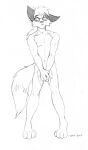  anthro canid canine covering covering_crotch embarrassed_nude_exposure embarrassed_nude_male eyewear fox hi_res male mammal mikhail_(artist) monochrome muscular muscular_anthro muscular_male nude simple_background solo 