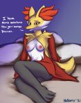  2021 anthro anus bed breasts butt canid canine claws delphox digital_media_(artwork) female fur furniture genitals hi_res inner_ear_fluff looking_at_viewer mammal nintendo nipples nospots nude on_bed open_mouth pillow pok&eacute;mon pok&eacute;mon_(species) presenting pussy red_body red_fur signature simple_background smile solo suggestive text tuft video_games white_body white_fur yellow_body yellow_fur 