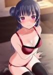  1girl arm_support arm_under_breasts bangs bare_arms bare_shoulders bed black_hair black_legwear blurry blurry_background blush bow bow_panties bra breasts cleavage closed_mouth collarbone commentary_request commission eyebrows_visible_through_hair floral_print highres indoors kazehana_(spica) lace-trimmed_bra lace_trim long_hair looking_at_viewer love_live! love_live!_sunshine!! medium_breasts no_shoes on_bed panties pink_eyes print_bra print_panties red_bra red_panties side_bun sitting solo sweatdrop thighhighs tsushima_yoshiko underwear underwear_only wariza 