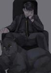  1boy belt black_hair black_pants black_shirt chair clenched_hand grey_background hand_on_own_cheek hand_on_own_face highres male_focus mtmr_0721 necktie panther pants sangatsu_no_lion serious shigeta_morio shirt short_hair simple_background sitting spread_legs watch wristwatch yellow_eyes 
