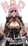  1girl black_nails blush breasts cleavage clenched_teeth dated fingernails highres hololive hololive_english jeze large_breasts long_hair mori_calliope nail_polish pink_hair shoulder_spikes simple_background smile solo spikes sunglasses teeth veil virtual_youtuber white_background 
