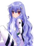  1girl alternate_hair_length alternate_hairstyle ayanami_rei blue_hair bodysuit commentary_request evangelion:_3.0+1.0_thrice_upon_a_time hinoue_itaru interface_headset long_hair looking_at_viewer multicolored multicolored_bodysuit multicolored_clothes neon_genesis_evangelion pilot_suit plugsuit rebuild_of_evangelion red_eyes simple_background solo spoilers white_background white_bodysuit 