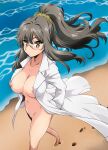  1girl absurdres areolae bangs beach blush breasts brown_eyes brown_hair closed_mouth collarbone covered_nipples day exhibitionism floating_hair footprints from_above futaba_rio glasses hair_between_eyes hair_ornament hair_scrunchie hands_in_pockets high_ponytail highres labcoat large_breasts long_hair looking_at_viewer maximilian-destroyer naked_labcoat navel night nipple_slip nipples nude ocean ponytail sand scrunchie seishun_buta_yarou solo walking water waves 