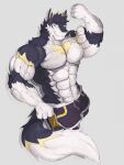  3:4 absurd_res anthro big_muscles black_body black_fur black_hair blonde_hair fur hair hi_res male muscular muscular_male solo unknown_artist vortiganshine white_body yellow_body yellow_eyes yellow_fur 