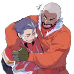  2boys ;d blush commentary_request dark_skin dark_skinned_male facial_hair fur-trimmed_jacket fur_trim gloves green_(grimy) green_eyes green_gloves grey_hair gym_leader highres jacket kabu_(pokemon) male_focus multiple_boys one_eye_closed open_mouth orange_jacket parted_lips peony_(pokemon) pokemon pokemon_(game) pokemon_swsh red_shirt shirt short_hair short_sleeves simple_background smile teeth tongue towel towel_around_neck undershirt very_short_hair white_background 