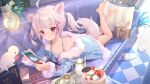  animal animal_ears barefoot bird blush cake couch drink food game_console gray_hair hoodie long_hair original red_eyes somna tail twintails 