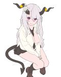  1girl bangs black_legwear black_nails breasts brown_footwear cleavage demon_girl demon_horns demon_tail enkyo_yuuichirou eyebrows_visible_through_hair flower highres horn_flower horns large_breasts loafers long_hair looking_at_viewer original purple_eyes rose shoes simple_background sitting solo tail white_background white_flower white_rose 