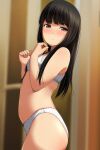  1girl absurdres bangs bare_arms bare_shoulders black_hair blurry blurry_background blush bra breasts brown_eyes closed_mouth depth_of_field eyebrows_visible_through_hair from_side half-closed_eyes hands_up highres long_hair looking_at_viewer looking_to_the_side matsunaga_kouyou nose_blush original panties polka_dot polka_dot_bra polka_dot_panties small_breasts solo underwear underwear_only very_long_hair white_bra white_panties 