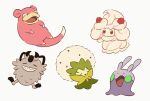  alcremie alcremie_(strawberry_sweet) chiyo_(ppp_808) clenched_teeth closed_eyes commentary_request eldegoss fangs galarian_form galarian_meowth gen_1_pokemon gen_6_pokemon gen_8_pokemon goomy highres no_humans open_mouth pokemon pokemon_(creature) sharp_teeth simple_background slowpoke smile teeth toes tongue white_background 