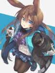  1girl :o amiya_(arknights) animal_ears arknights bangs black_jacket blue_eyes blue_skirt brown_hair bunny_ears coffee coffee_cup cup disposable_cup hair_between_eyes highres holding holding_cup jacket long_hair long_sleeves looking_at_viewer miniskirt open_clothes open_jacket pantyhose plaid plaid_skirt satou_kibi shoes skirt solo 