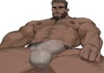 1boy abs absurdres arm_hair bara beard bulge character_request check_character check_copyright chest_hair copyright_request dark_skin dark_skinned_male erection erection_under_clothes facial_hair from_below hairy highres horikwawataru jockstrap large_pectorals leg_hair male_focus male_underwear mature_male muscular muscular_male navel navel_hair nipples original short_hair solo spread_legs stomach thick_eyebrows thick_thighs thighs underwear underwear_only wet_male_underwear white_male_underwear 