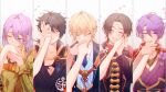  5boys ^_^ absurdres armor blonde_hair blue_eyes blush brown_hair closed_eyes coat collared_shirt column_lineup earrings hachisuka_kotetsu hand_kiss hand_on_another&#039;s_cheek hand_on_another&#039;s_face headband highres japanese_clothes jewelry kasen_kanesada kashuu_kiyomitsu kiss kiwame_(touken_ranbu) male_focus mole mole_under_mouth multiple_boys mutsu-no-kami_yoshiyuki necktie petals ponytail purple_hair red_nails red_scarf scarf shirt smile solo_focus touken_ranbu twitter_username yamanbagiri_kunihiro yellow_eyes yonemaru 