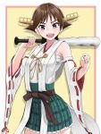  1girl baseball_bat brown_hair clenched_hand commentary_request cowboy_shot detached_sleeves flipped_hair green_skirt hairband headgear hiei_(kancolle) highres japanese_clothes kantai_collection looking_at_viewer plaid ribbon-trimmed_sleeves ribbon_trim short_hair skirt solo standing tsusshi upper_body 