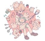  1boy ahoge alcremie alcremie_(strawberry_sweet) alternate_costume ascot bangs bede_(pokemon) berry_(pokemon) blonde_hair bow butter closed_mouth commentary_request curly_hair food gen_6_pokemon gen_8_pokemon grey_eyes heart holding holding_spoon holding_whisk jug male_focus milcery mixing_bowl musical_note pants pokemon pokemon_(creature) pokemon_(game) pokemon_swsh pot shiroimoufu shoes smile spoon swirlix whipped_cream 