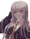  1girl bangs black_gloves blood blood_on_face blunt_bangs blush braid closed_mouth commentary_request danganronpa:_trigger_happy_havoc danganronpa_(series) eyebrows_visible_through_hair frown gloves hair_ribbon hand_in_hair hand_up highres jacket kirigiri_kyouko long_hair long_sleeves looking_at_viewer mochi_(yuriraru) necktie open_clothes open_jacket orange_neckwear pink_blood purple_eyes purple_hair purple_jacket ribbon serious side_braid simple_background single_braid solo upper_body white_background 