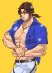  1boy abs alternate_costume bara beard belmond_banderas blue_shirt brown_eyes brown_hair cowboy_shot eyewear_removed facial_hair flexing grin highres k_ei3k large_pectorals looking_at_viewer male_cleavage male_focus mature_male medium_hair muscular muscular_male nijisanji open_clothes open_shirt pose shirt smile solo sparkle stomach stubble tied_hair yellow_background 