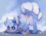  2020 3_toes alolan_vulpix ass_up blue_body blue_eyes blue_fur blush bodily_fluids butt castitas digital_media_(artwork) english_text feet female feral fur genital_fluids genitals hi_res looking_at_viewer lying masturbation multi_tail multicolored_body multicolored_fur nintendo on_front pawpads paws pink_pawpads pok&eacute;mon pok&eacute;mon_(species) pouting pussy pussy_juice pussy_juice_on_tail pussy_juice_string raised_tail regional_form_(pok&eacute;mon) simple_background snow snowing solo spread_legs spreading tail_fetish tail_masturbation tail_play text toes video_games white_body white_fur 