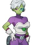  1girl bodysuit breasts cheelai cleavage closed_mouth collarbone colored_skin dragon_ball dragon_ball_super dragon_ball_super_broly gloves green_skin hand_on_hip kemachiku medium_breasts pink_eyes purple_bodysuit scouter short_hair simple_background smile solo white_background white_gloves white_hair 